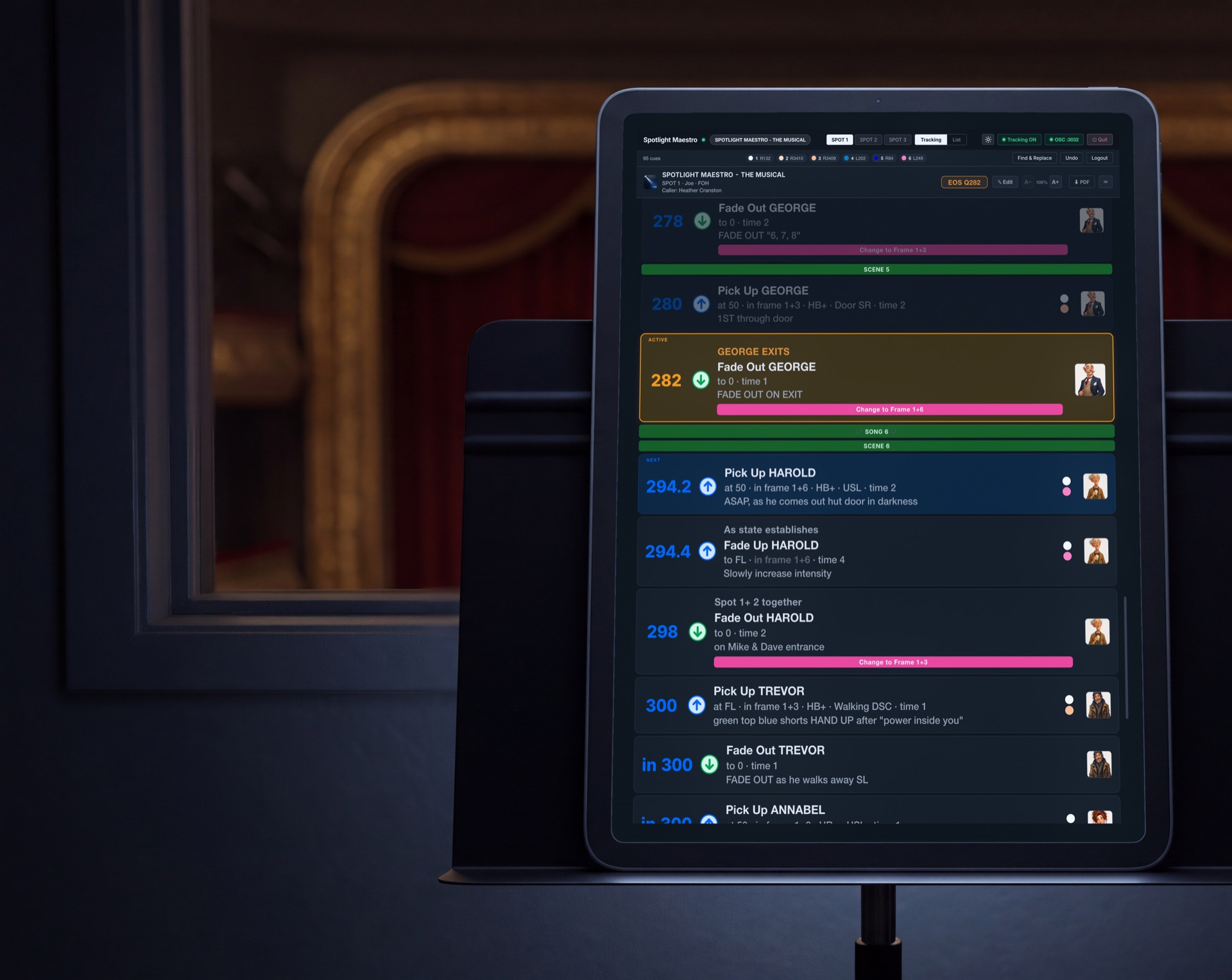 A tablet on a music stand in the booth, running the tracking view