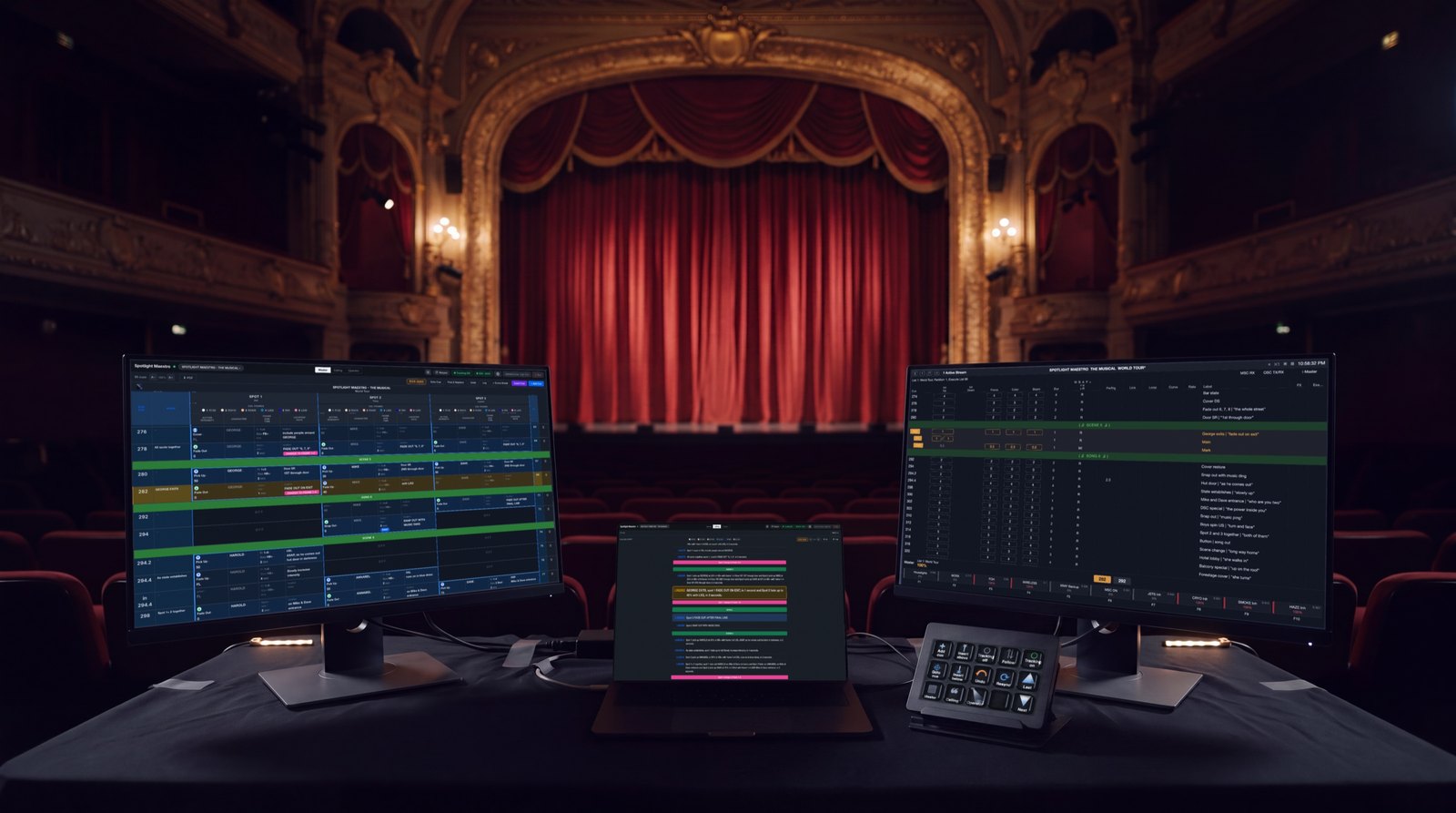 The master plot on a production desk with two monitors and a laptop