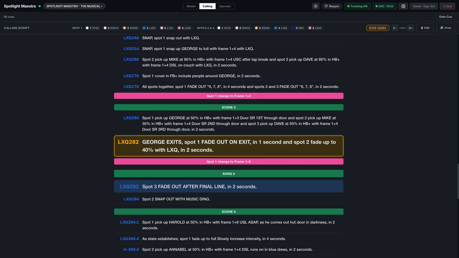The calling script view, tracking the console with the live line held centre