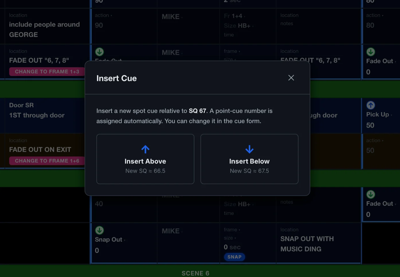 The insert cue dialog offering insert above and insert below