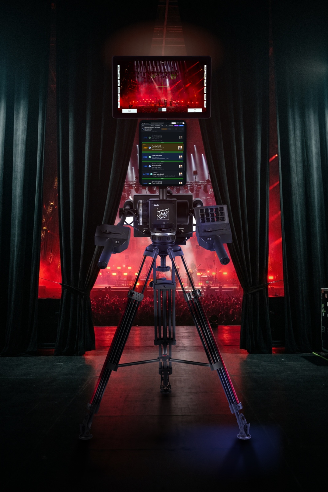 A Martin Macula base station in the wings during a show: a tablet on the monitor pole runs Spot 3's ceiling-mode view against a red stage state beyond the masking