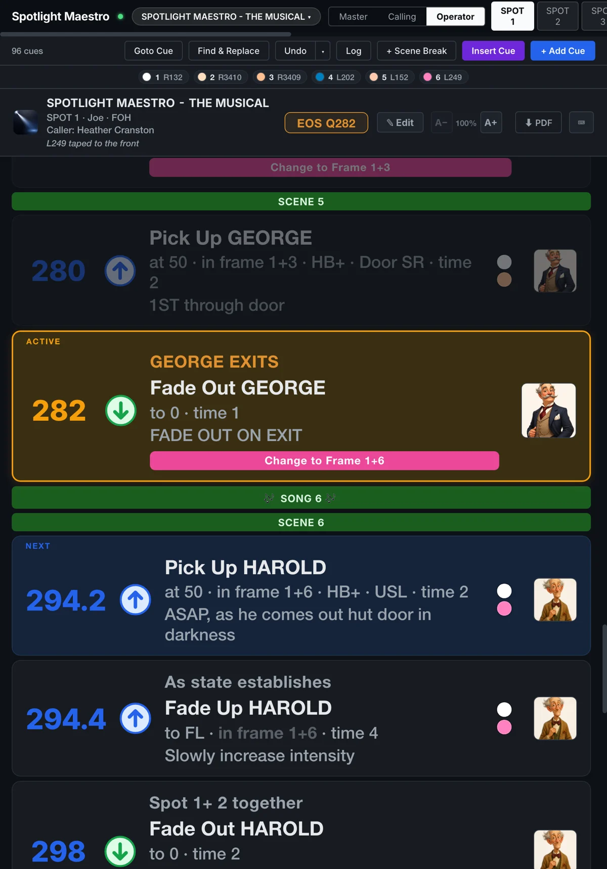 The default tracking style: large cue cards with character photos, the active cue held centre