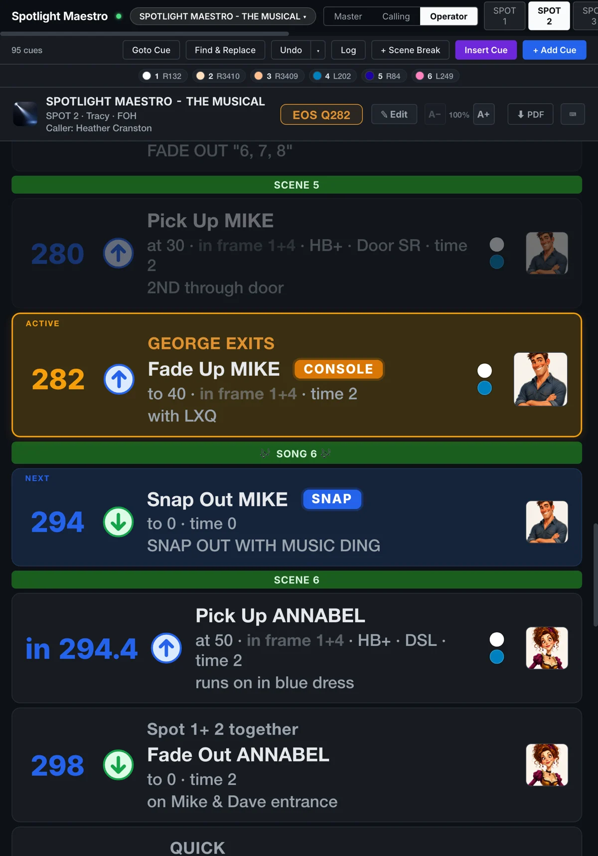 Spot 2's operator view in portrait: the live cue reads Fade Up MIKE with the amber CONSOLE chip beside it, level tiles on every cue