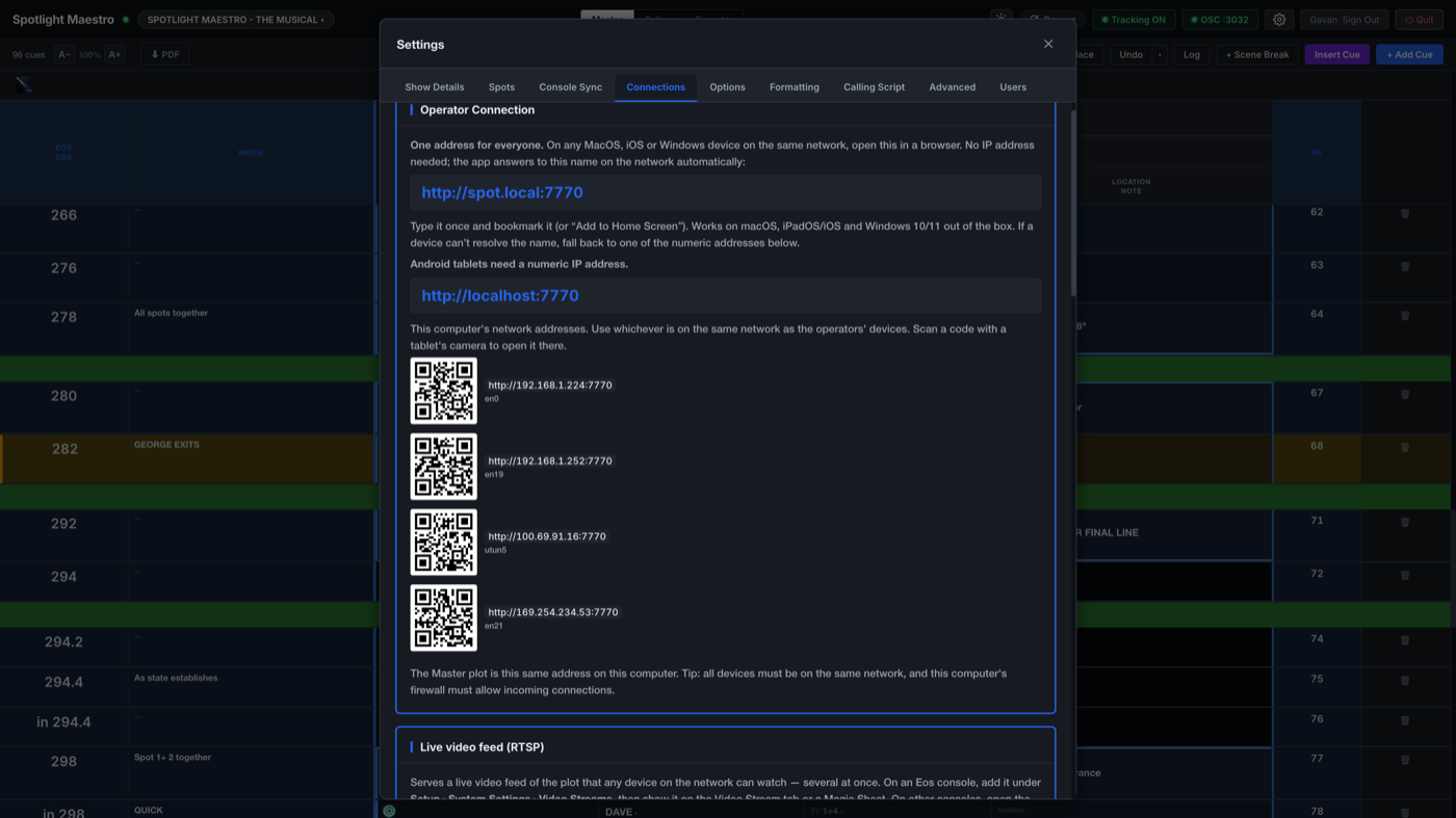 Settings, Connections: the Operator Connection card with the addresses every device can use and a QR code per network address.