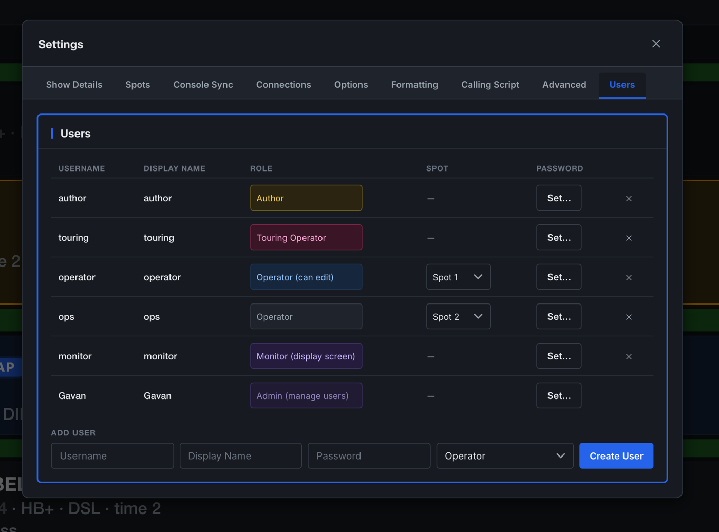Settings, Users: accounts, roles, passwords and assigned spots.