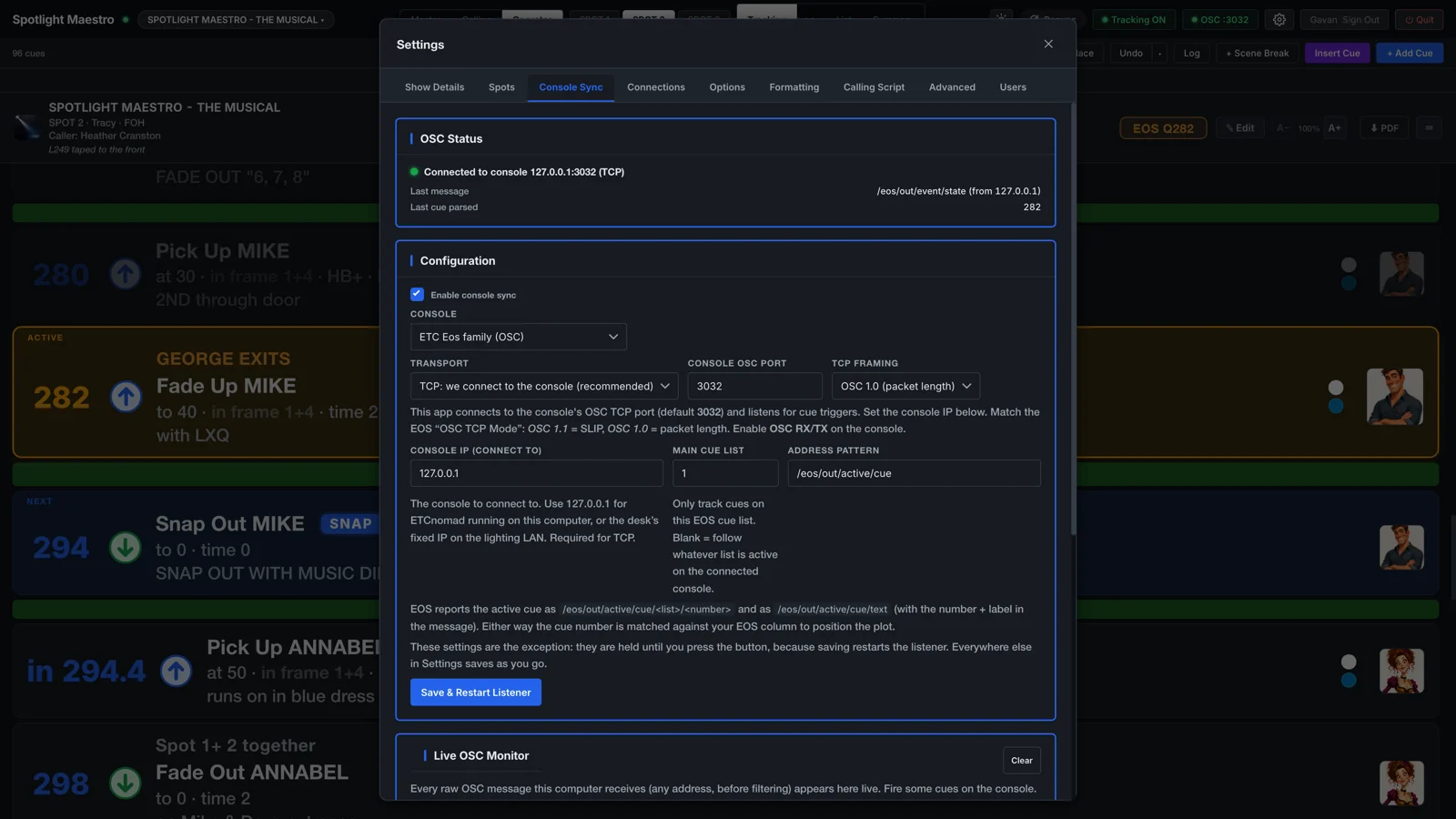 Settings, Console Sync: the console picker on ETC Eos family, with the live status connected and the last cue parsed