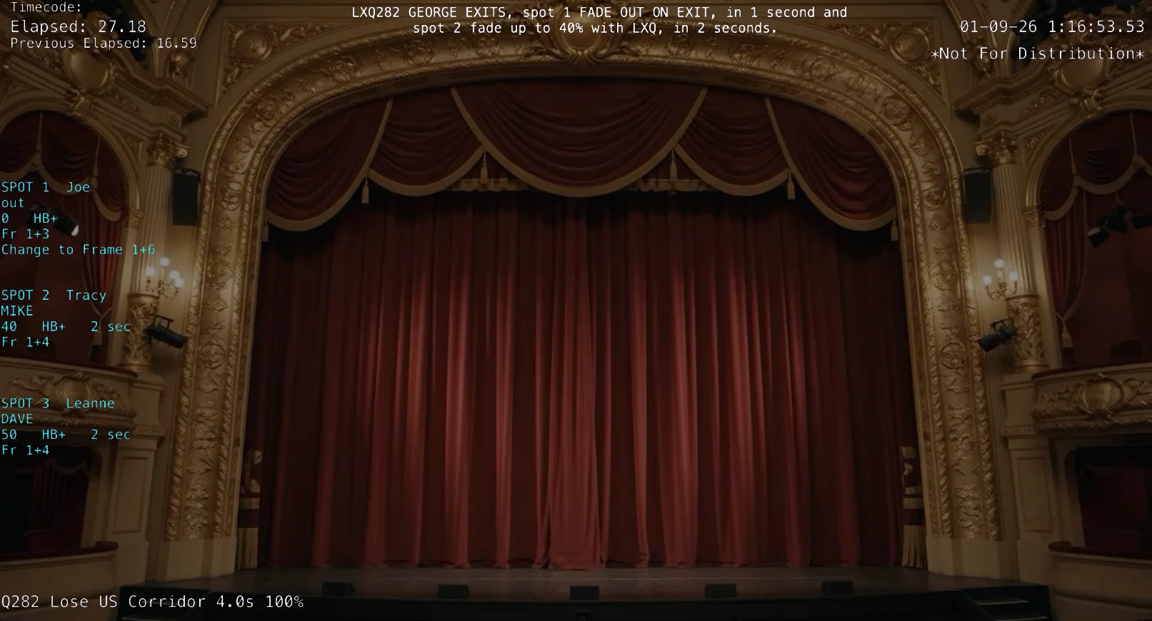 A VOR recording of the stage: the LXQ282 calling line across the top, each spot's summary down the left, and the Eos cue text below
